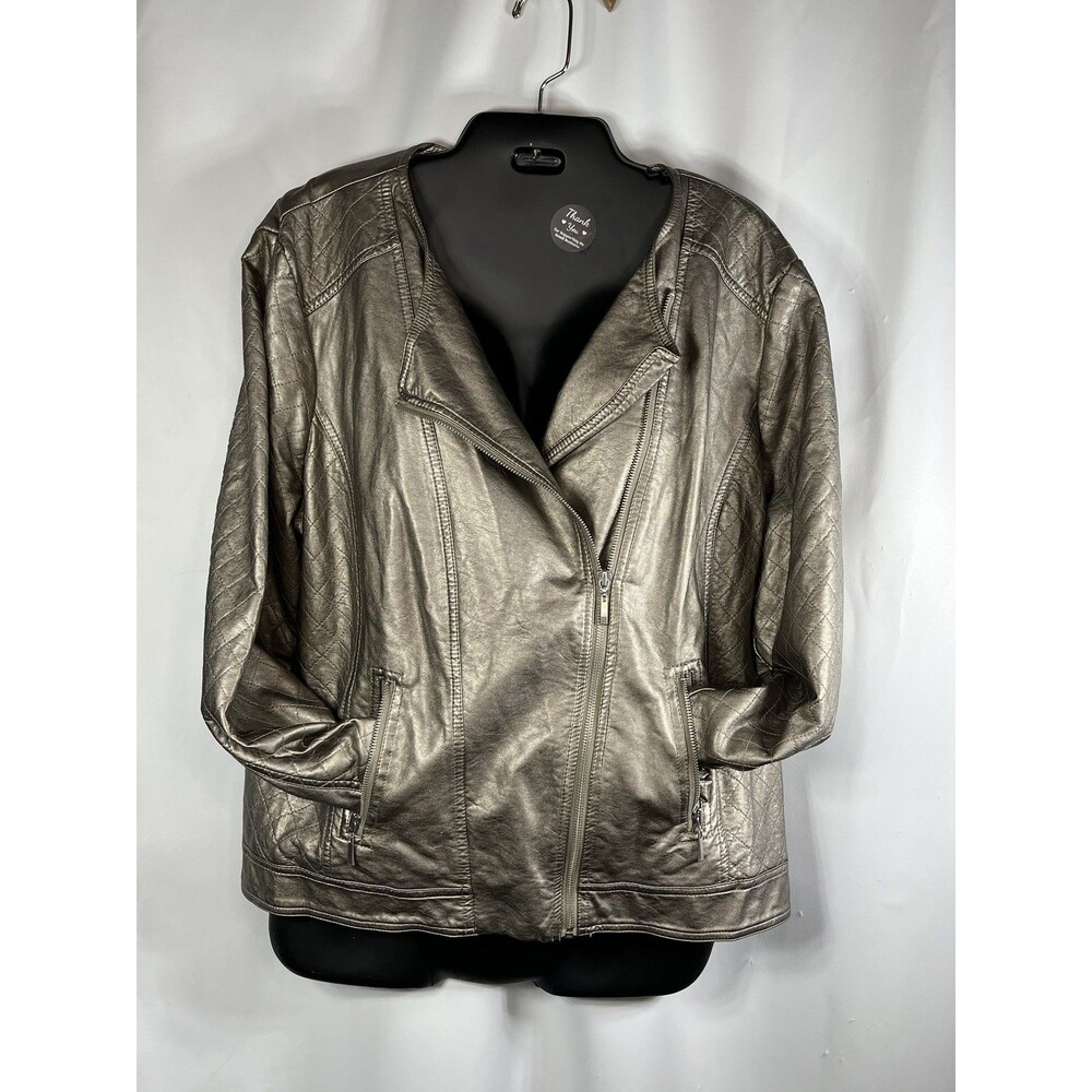 Chico's Jacket Womens 3 Silver Faux Leather Quilted Moto Biker Zip Front